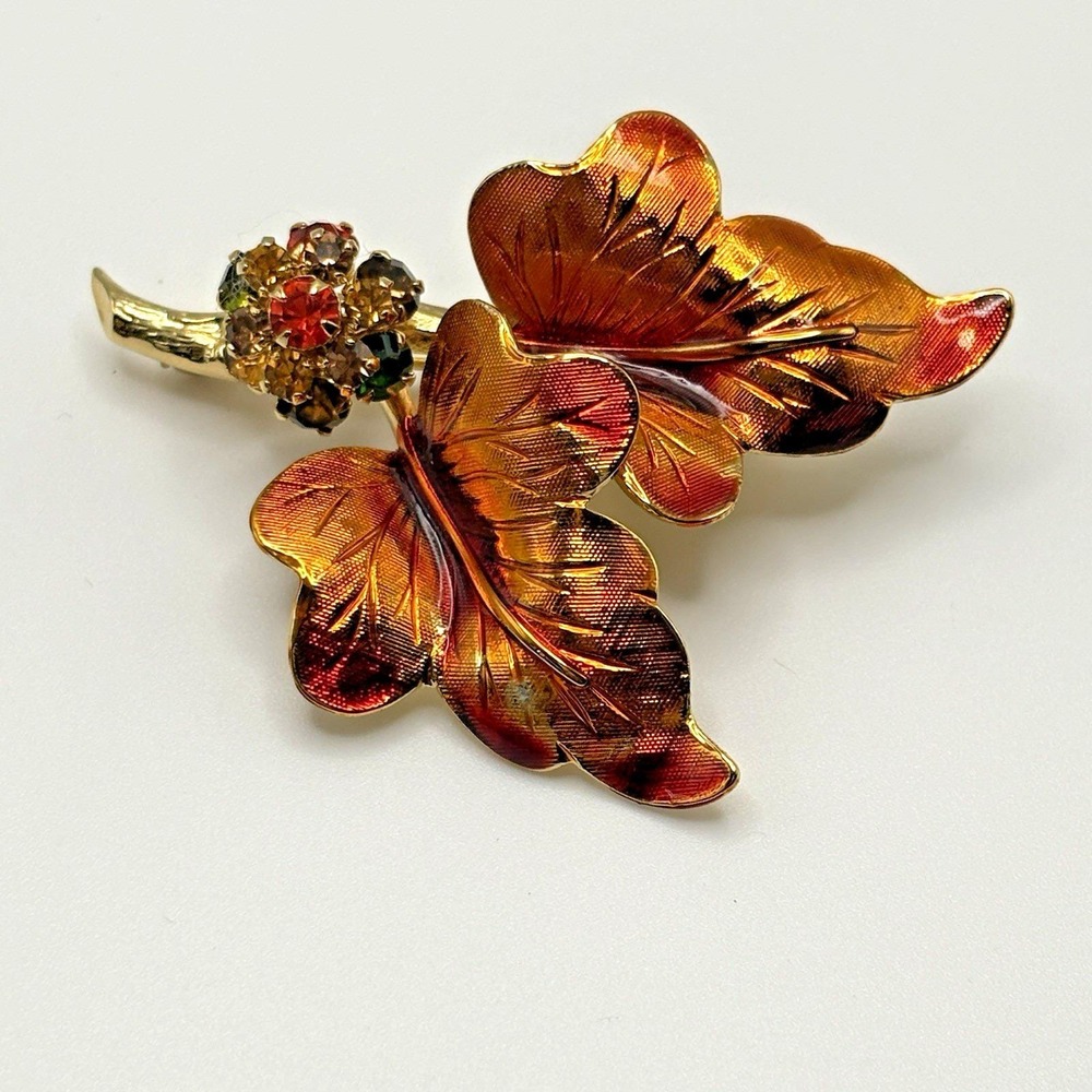 Vintage Weiss Enamel Brooch Leaves Rhinestone Orange Fall Retro